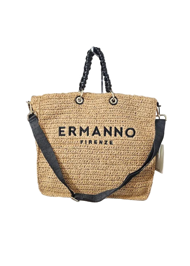 BORSA SHOPPING GRANDE RAFIA CON LOGO RICAMATO NERO ERMANNO SCERVINO FIRENZE