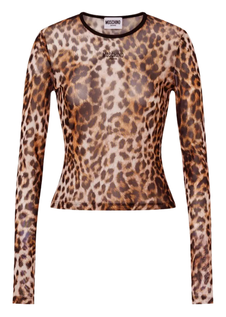 T-SHIRT MESH STAMPA LEOPARDATA MARRONE MOSCHINO JEANS