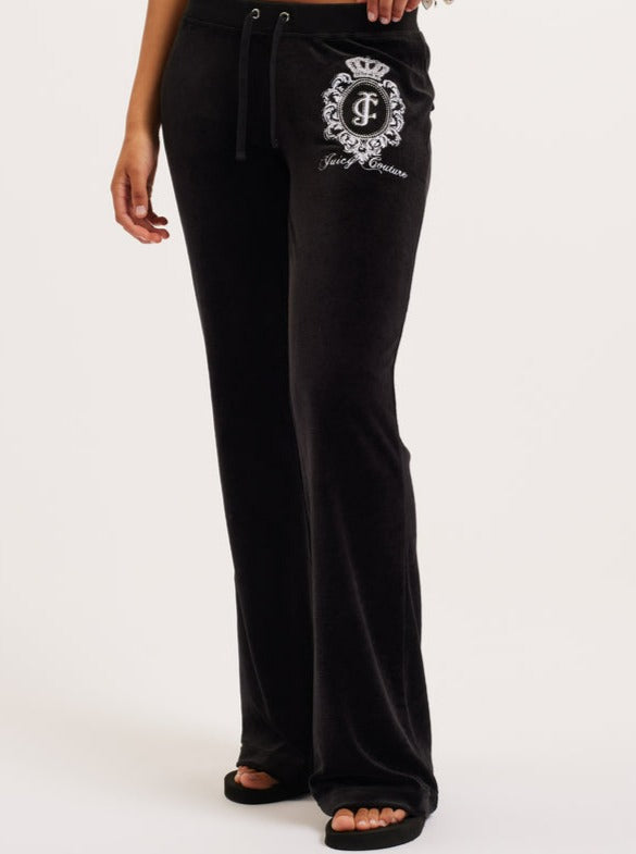 PANTALONI NERI CON TASCHE CON STEMMA STORICO IN VELOUR DI BAMBÙ A VITA ULTRA BASSA    JUICY COUTURE