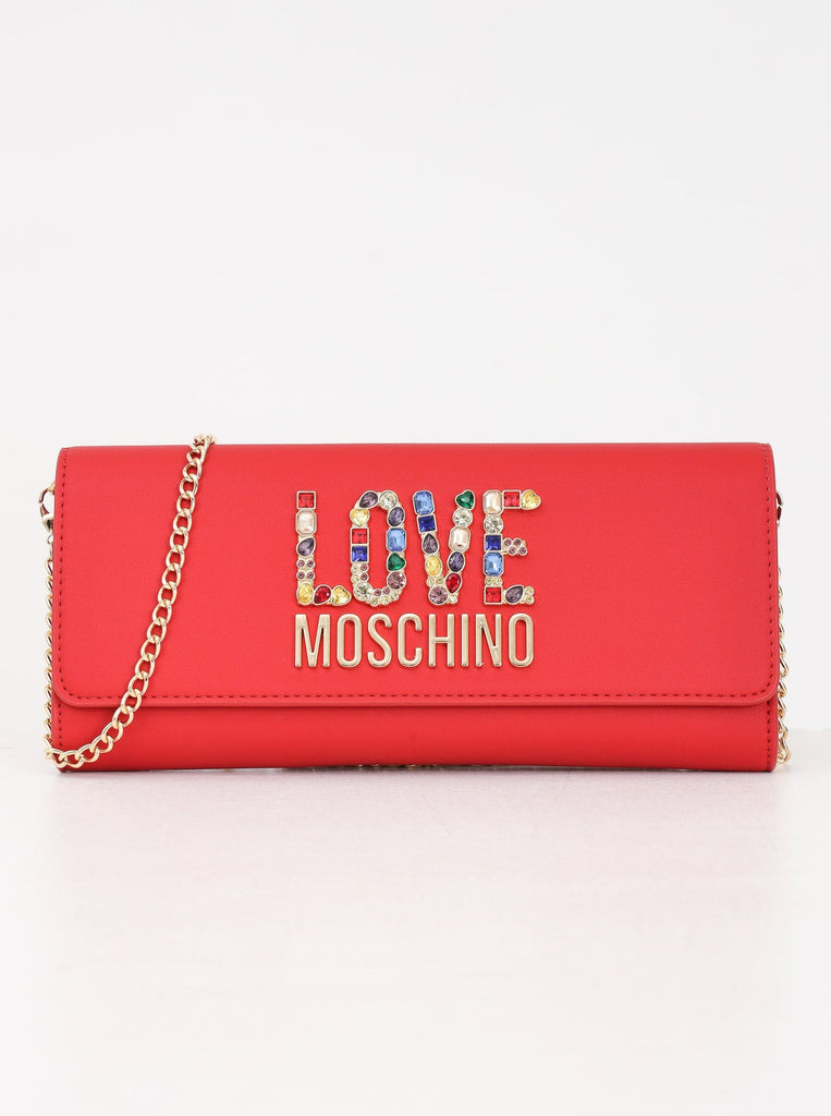 BORSA CLUTCH CON CATENA RHINESTONE LOGO   LOVE MOSCHINO