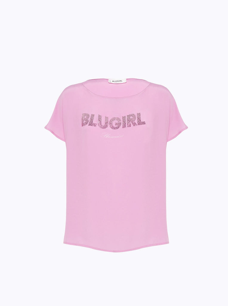 T-SHIRT IN CRÊPE DE CHINE CON LOGO E BORCHIE   BLUGIRL Blumarine