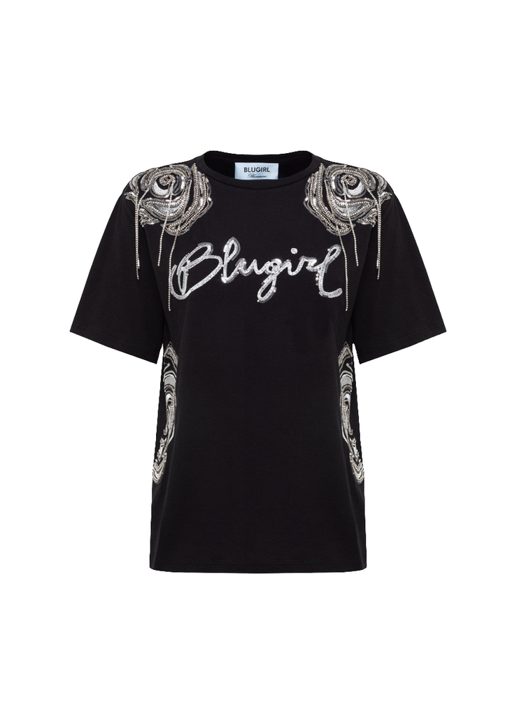 T-SHIRT CON LOGO E ROSE RICAMATE     BLUGIRL Blumarine