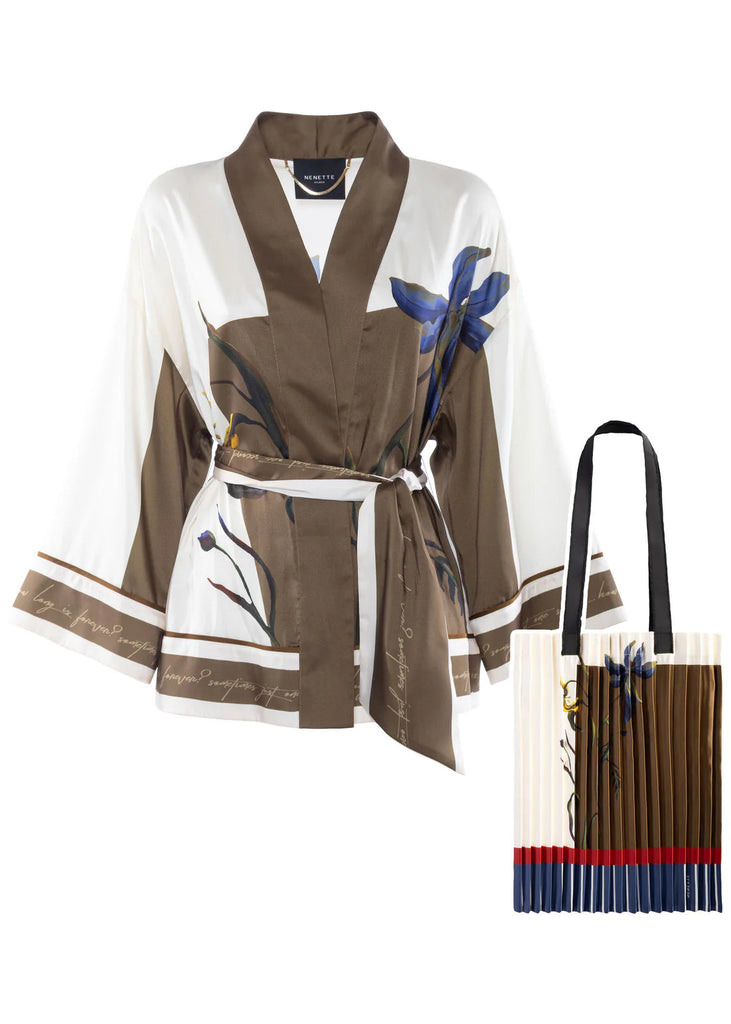 GIACCA BINCE KIMONO STAMPA BOTANICA MARRONE BEIGE NENETTE