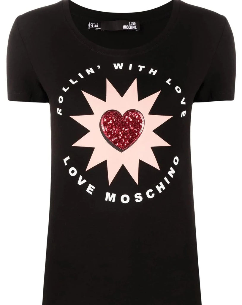 T-SHIRT CON LOGO STAMPATO E PAILLETTES  LOVE MOSCHINO